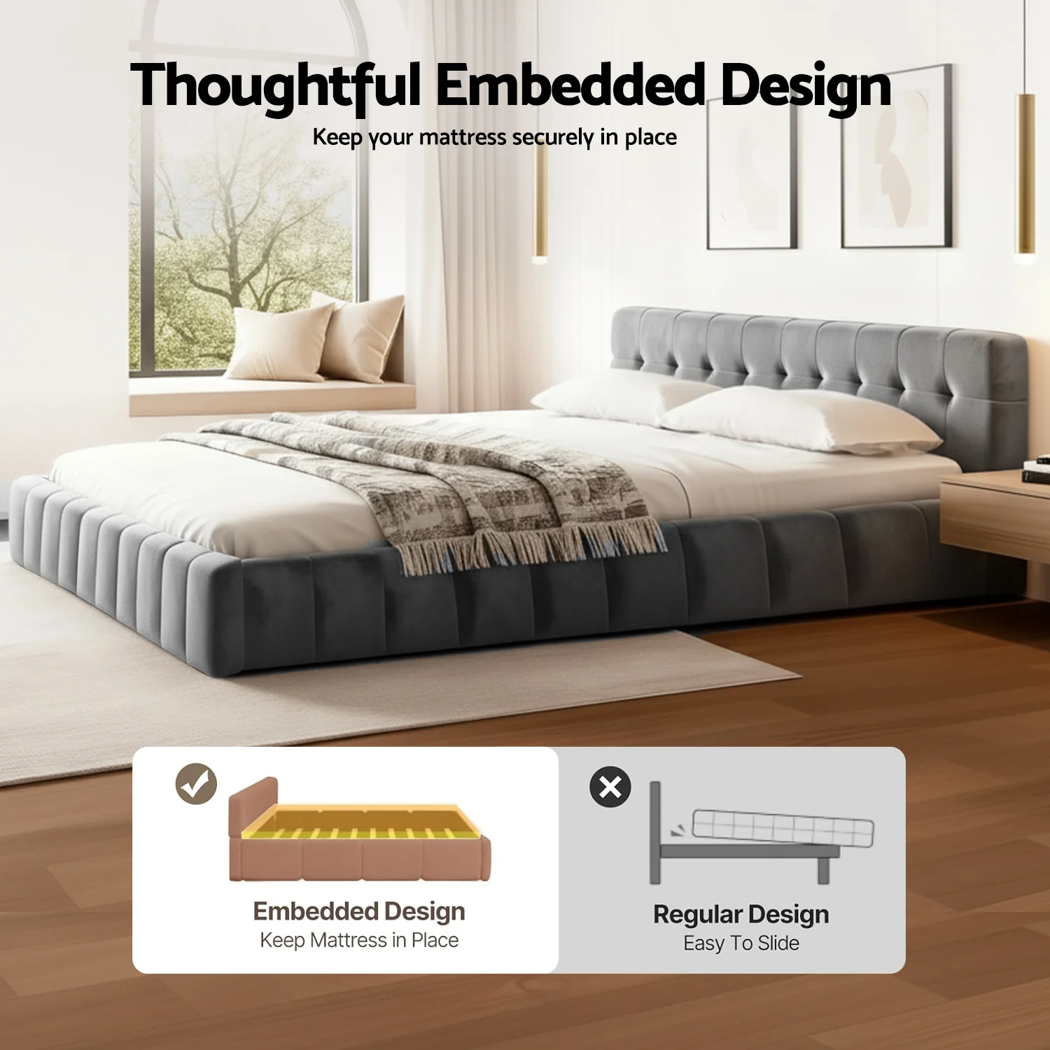 Artiss King Size Bed Frame Plush Soft Headboard Velvet Platform Base for Modern Bedrooms Grey - Image 5