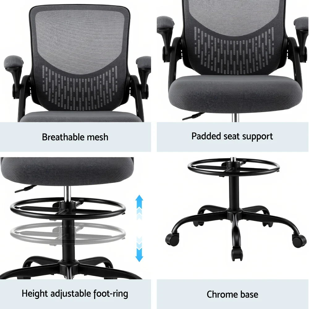 Artiss Office Chair Drafting Chairs Stool Computer Desk Studios Mesh Grey - Image 6