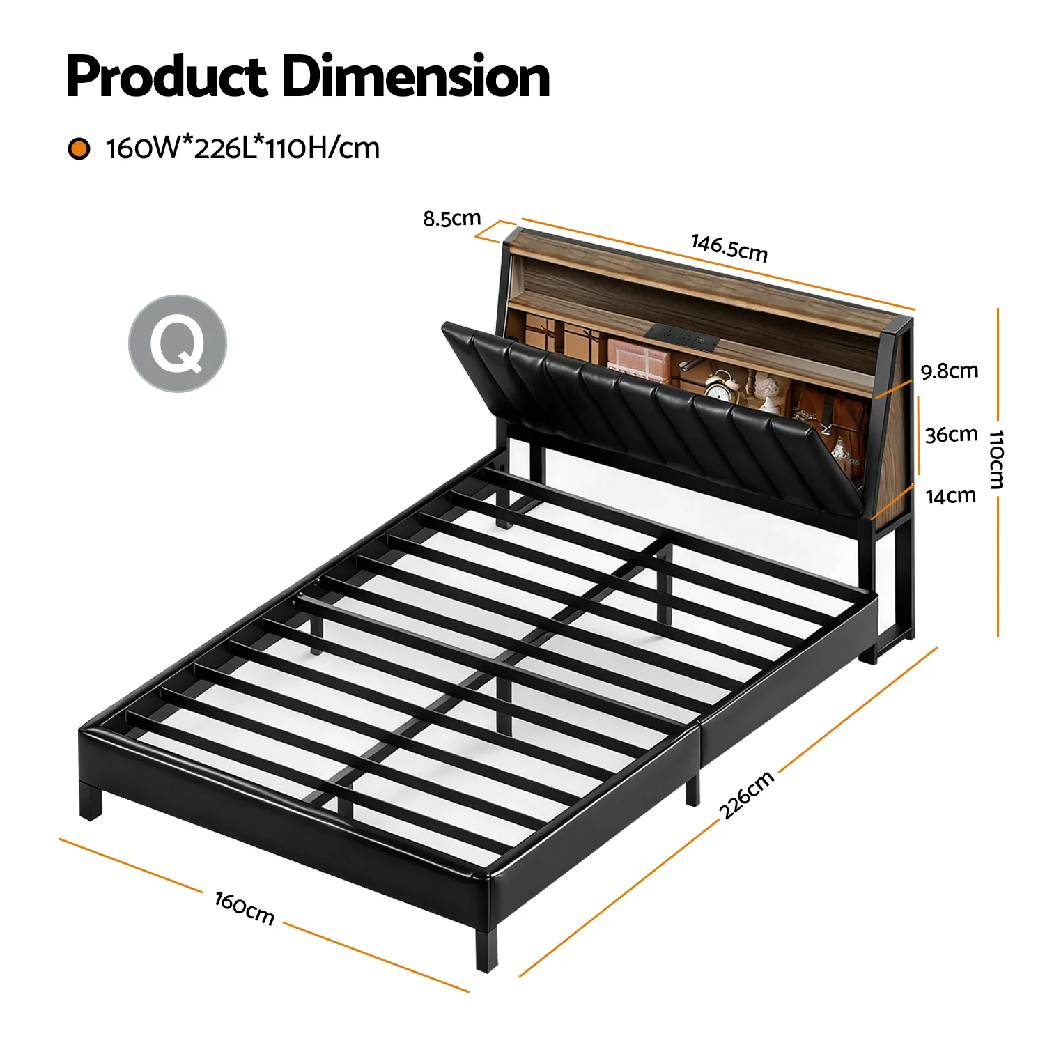 Artiss Queen Bed Frame LED Storage Headboard with Charging Station Black - Image 3