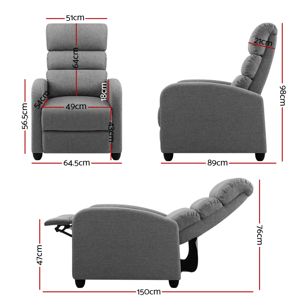 Artiss Recliner Armchair Grey Fabric Bolivia - Image 2