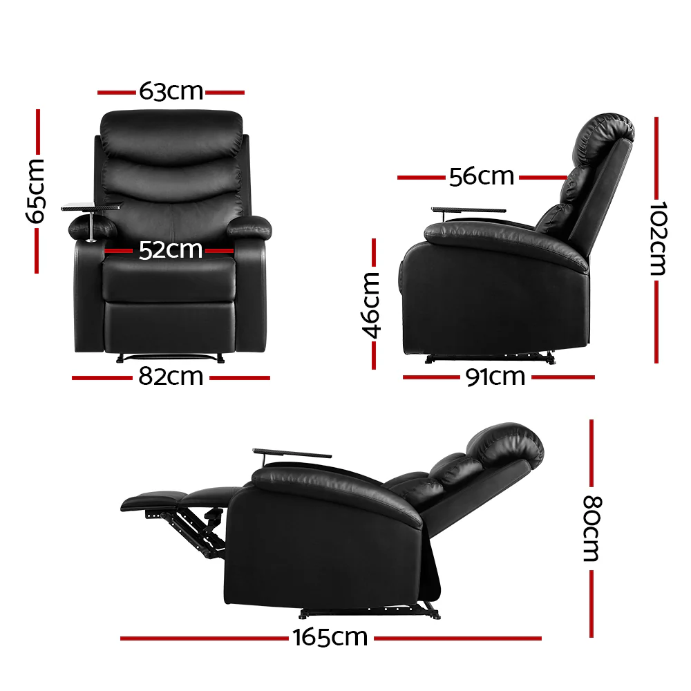 Artiss Recliner Chair Leather Black Tray Table Erika - Image 2