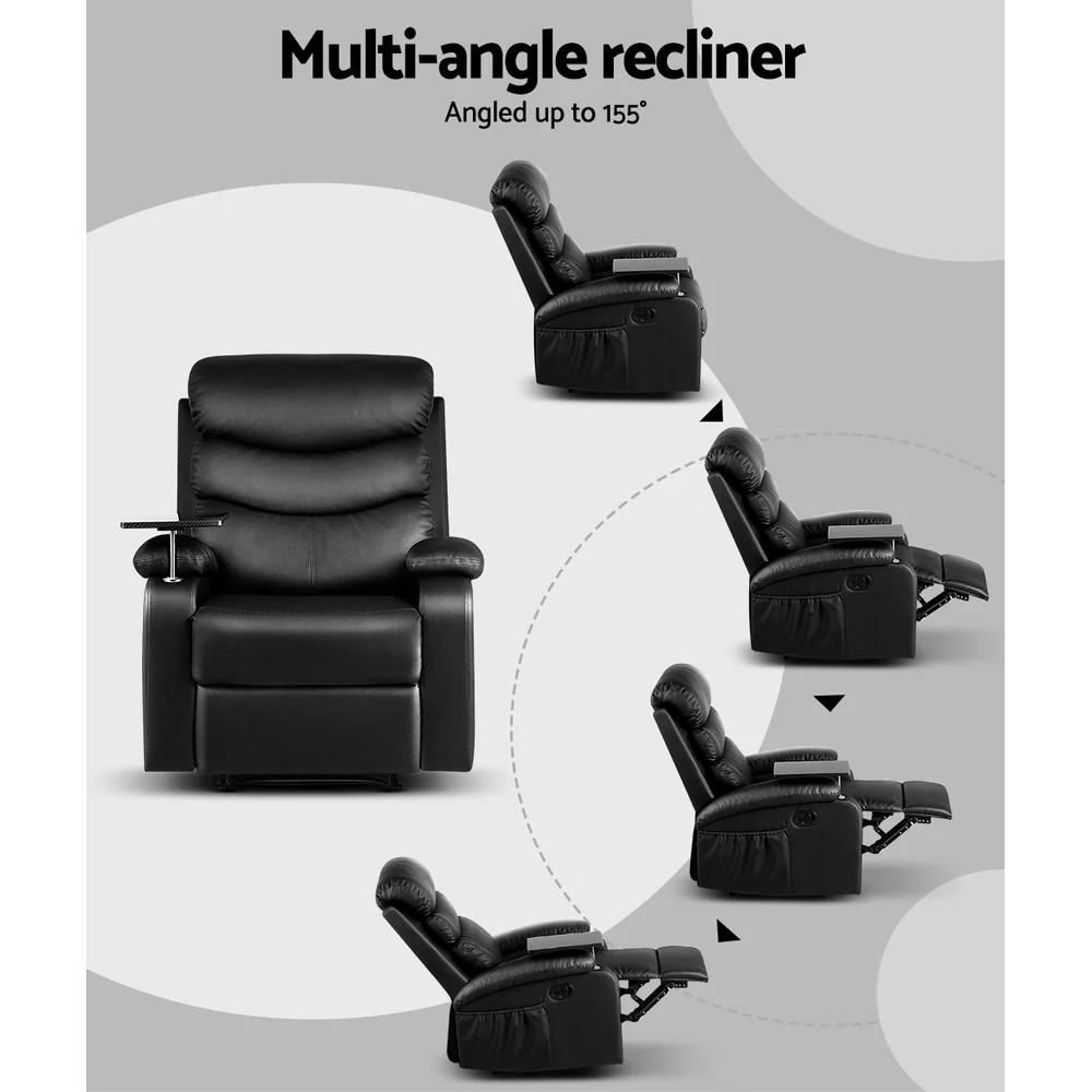 Artiss Recliner Chair Leather Black Tray Table Erika - Image 4