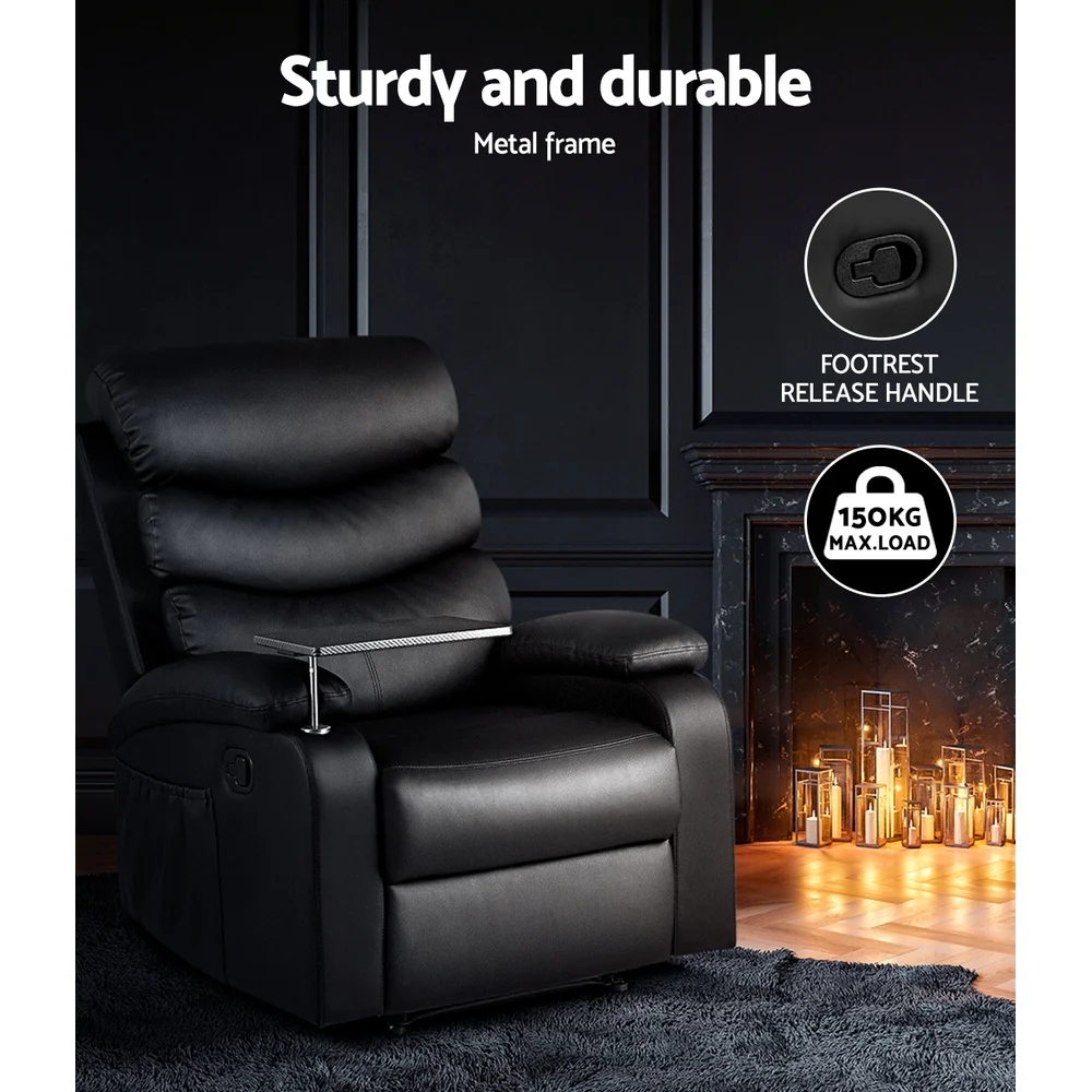 Artiss Recliner Chair Leather Black Tray Table Erika - Image 5