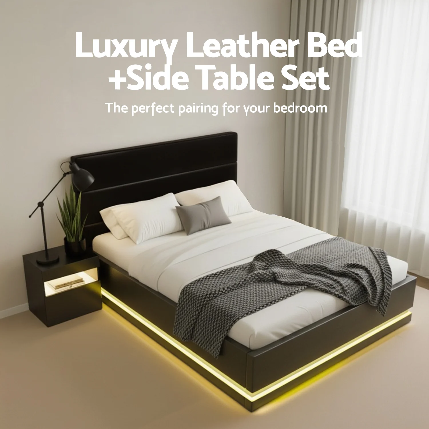 Artiss RGB LED Double Bed Frame with Beside Table Set 16 Colour Mood Lighting - Image 4