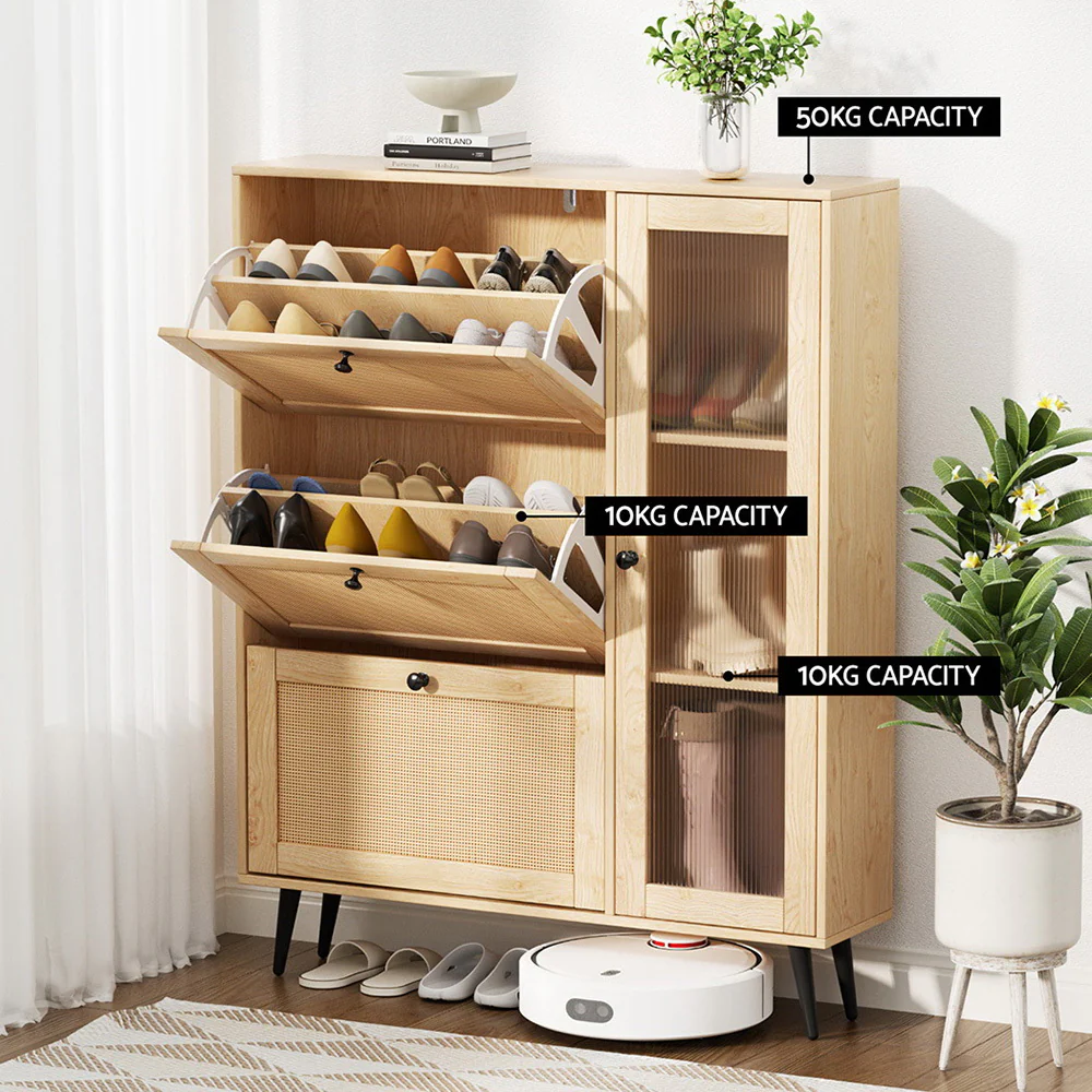Artiss Shoe Rack Cabinet 3 Flip-out Drawers Pine - Image 8