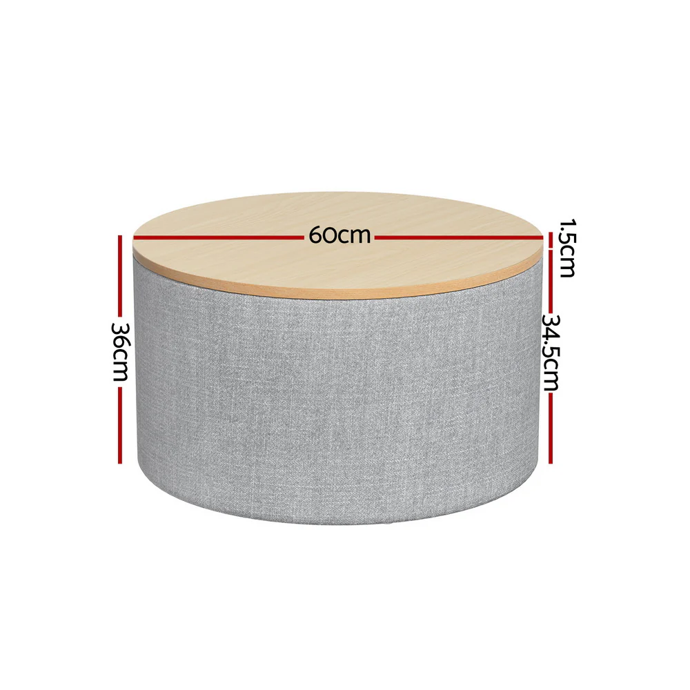 Artiss Storage Ottoman Blanket Box 60cm Linen Round Grey - Image 2