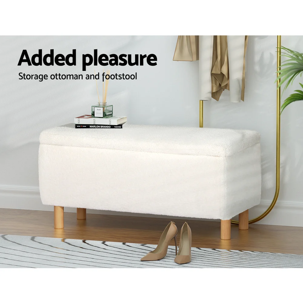 Artiss Storage Ottoman Blanket Box 99cm Teddy Fabric White - Image 4