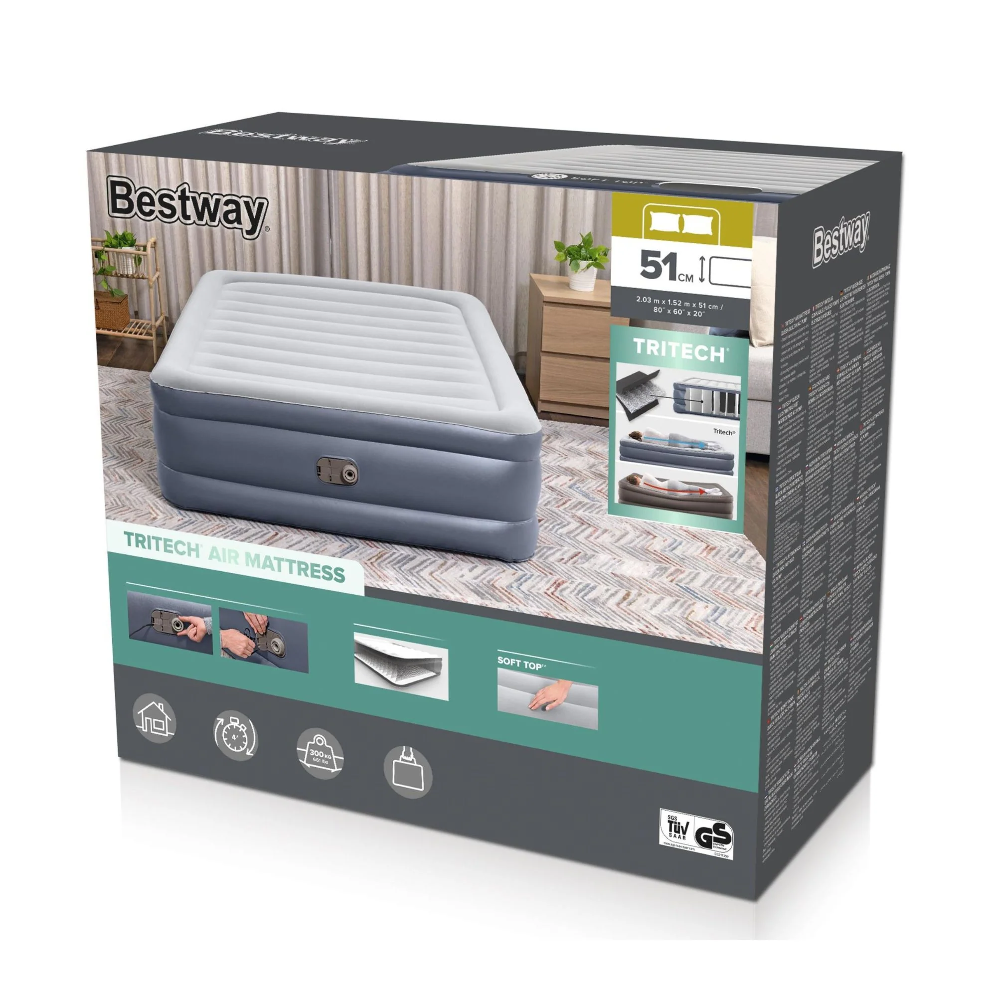 Bestway 203 x 152 x 51cm Tritech Air Mattress Queen Built-in AC Pump - Image 6
