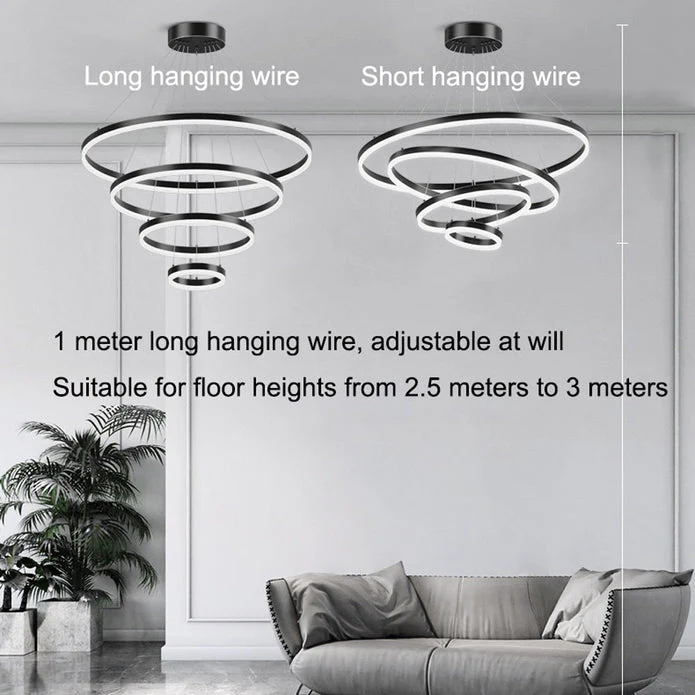 Black 5 Rings Minimalist LED Pendant Light Adjustable Circular Chandelier - Image 7