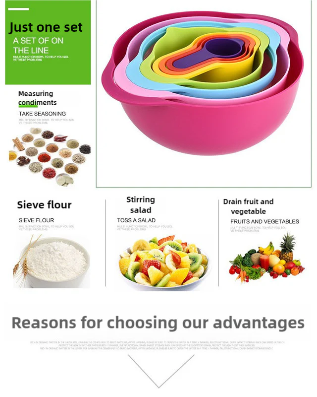 Blue 8-Piece Baking Tool Set – Measuring Cups, Spoons, Rainbow Mixing Bowls, Vegetable Washing Basket, and Flour Sifter - Image 4