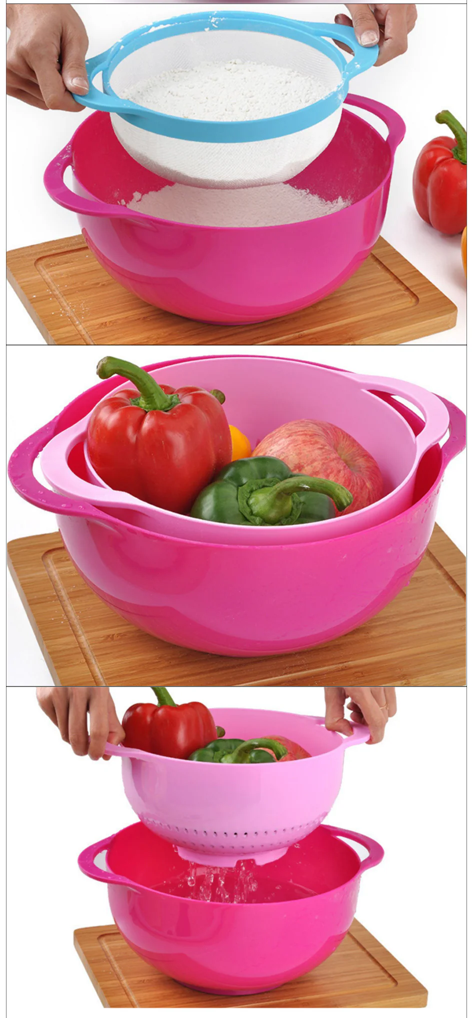 Blue 8-Piece Baking Tool Set – Measuring Cups, Spoons, Rainbow Mixing Bowls, Vegetable Washing Basket, and Flour Sifter - Image 5