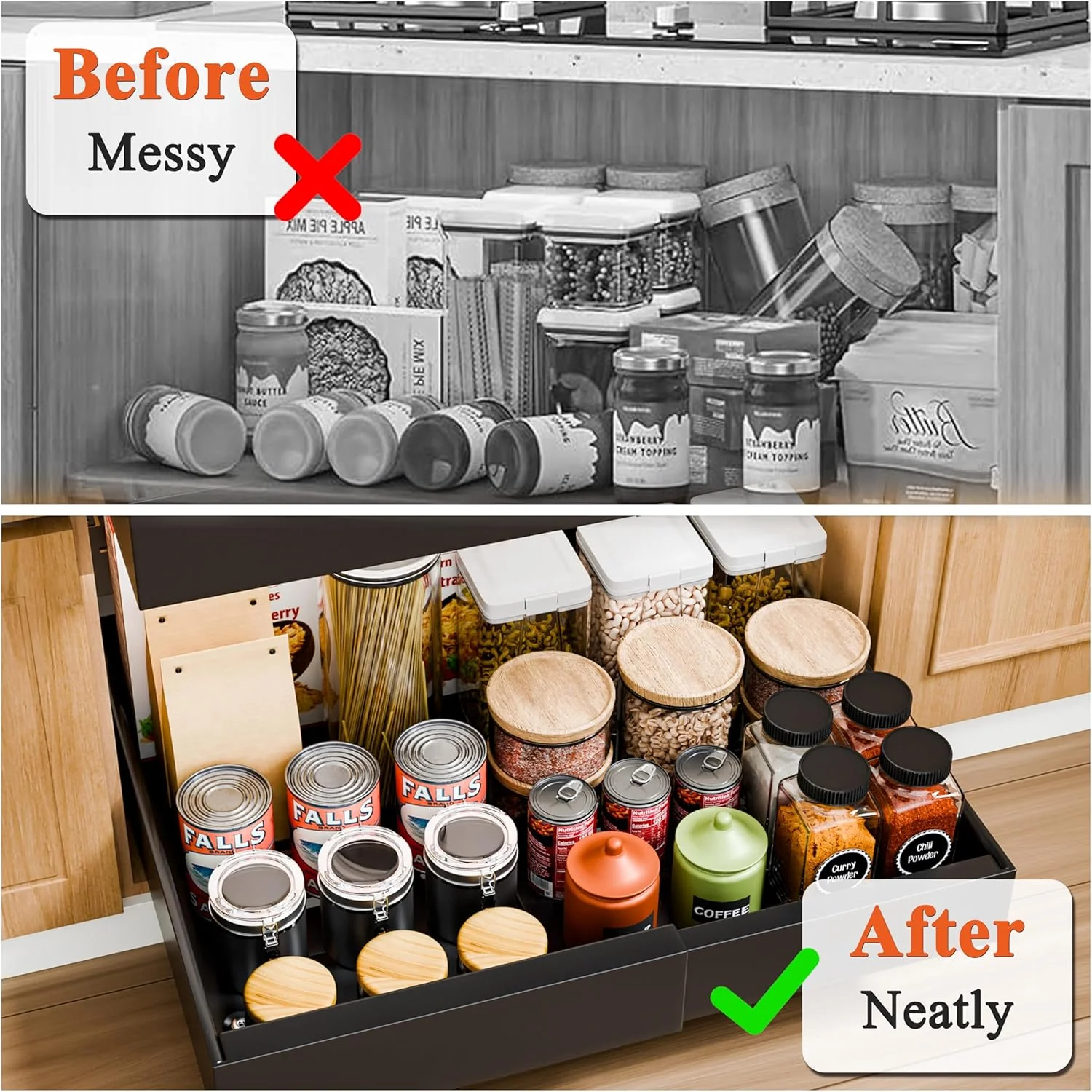 CARLA HOME 2 Pack Pull Out Cabinet Organiser Expandable for Cabinets with Adjustable Slide Out Shelves and Easy Installation (Black) - Image 3