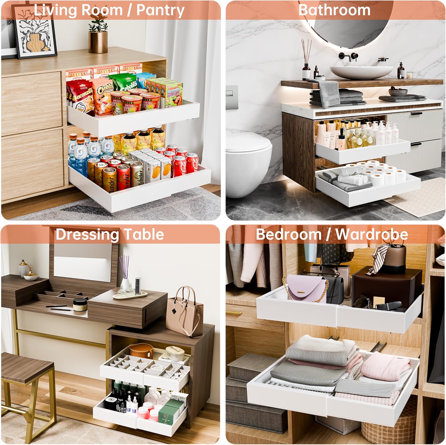 CARLA HOME 2 Pack Pull Out Cabinet Organiser Expandable for Cabinets with Adjustable Slide Out Shelves and Easy Installation (White) - Image 4