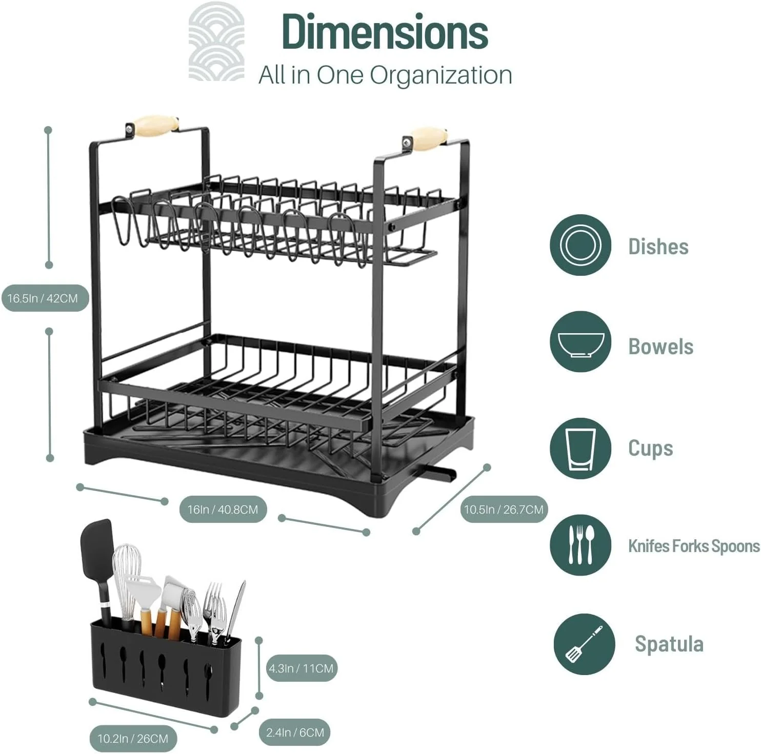 CARLA HOME 2-Tier Large Dish Drying Rack with Drainboard, Utensil Holder, Glass Hooks & Cutlery Storage (Black) - Image 2