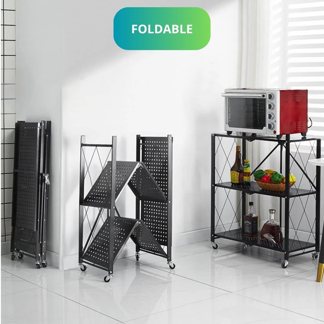 CARLA HOME 3-Tier Foldable Storage Shelf with Wheels for Kitchen, Garage, Pantry or Basement (Black) - Image 3