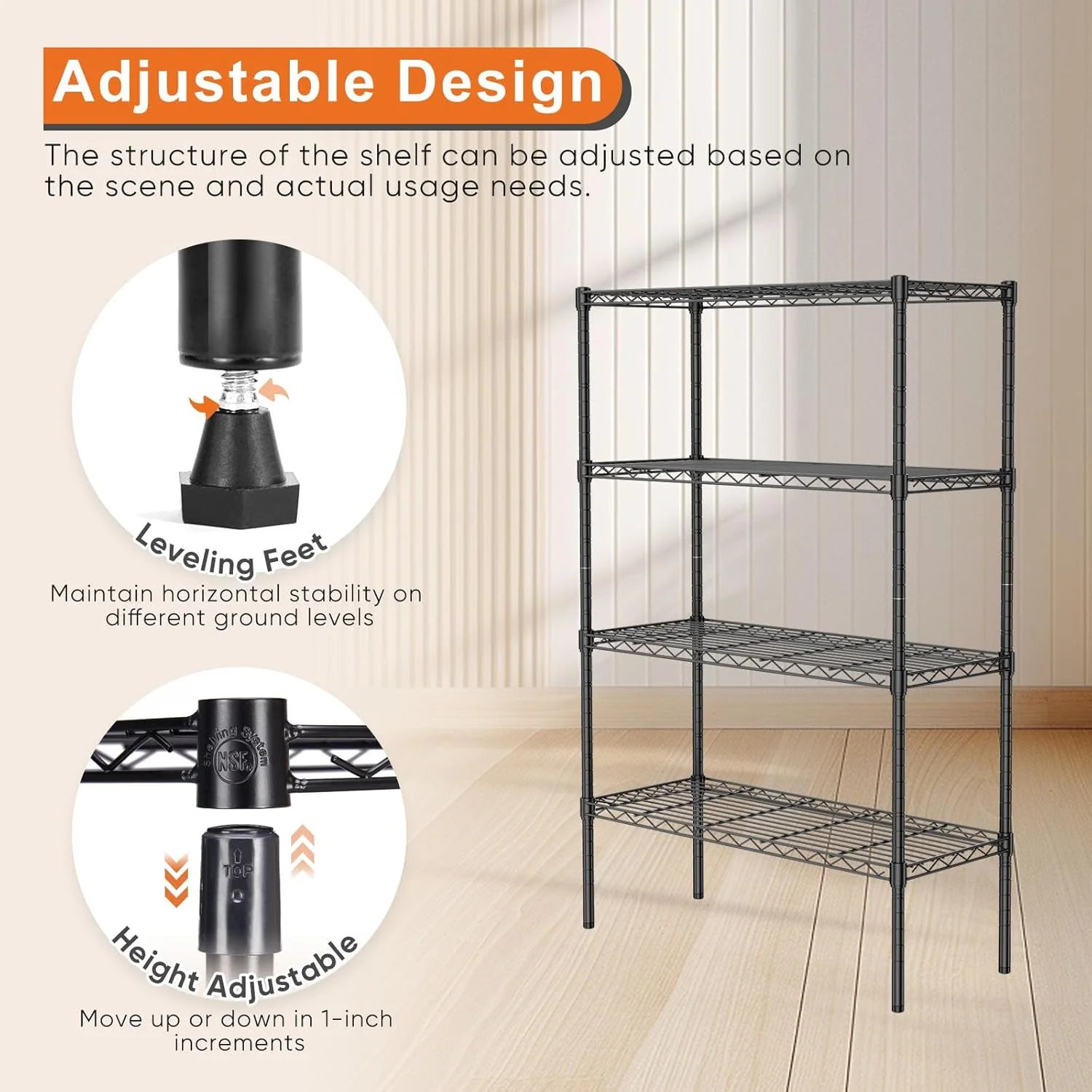 CARLA HOME 4-Tier Adjustable Metal Storage Shelves Wire Rack Organiser for Kitchen, Pantry, Bathroom or Laundry Room (60cm W x 40cm D x 140 cm H) - Image 4