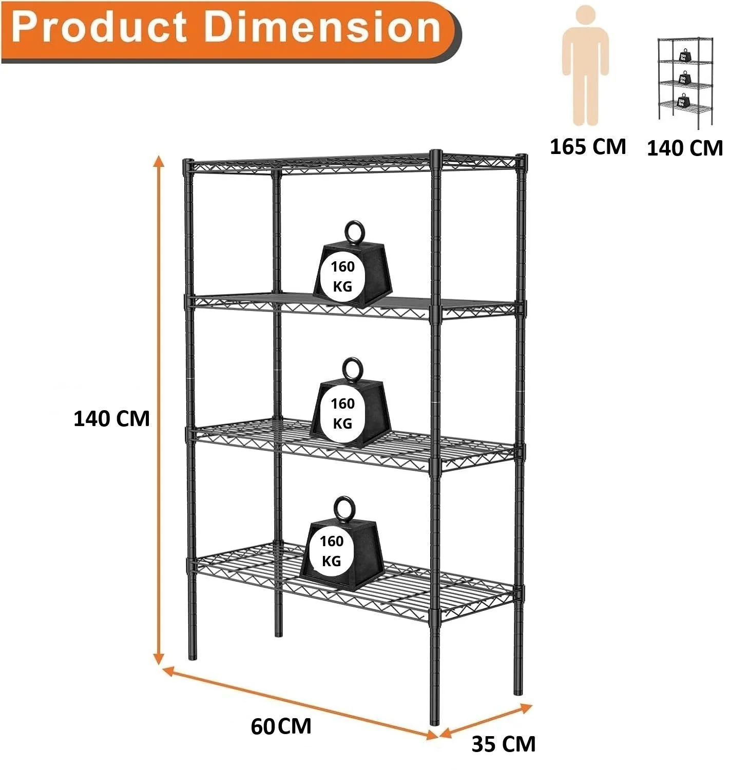 CARLA HOME 4-Tier Adjustable Metal Storage Shelves Wire Rack Organiser for Kitchen, Pantry, Bathroom or Laundry Room (60cm W x 40cm D x 140 cm H) - Image 9