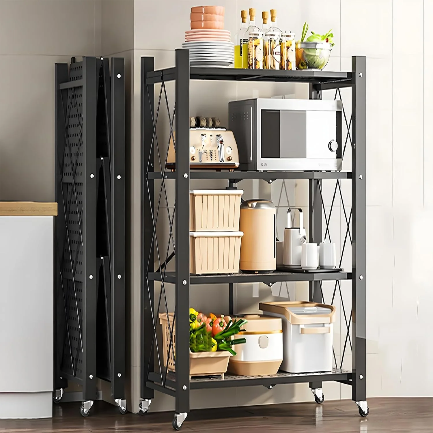 CARLA HOME 4-Tier Foldable Storage Shelf with Wheels for Kitchen, Garage, Pantry or Basement (Black) - Image 10
