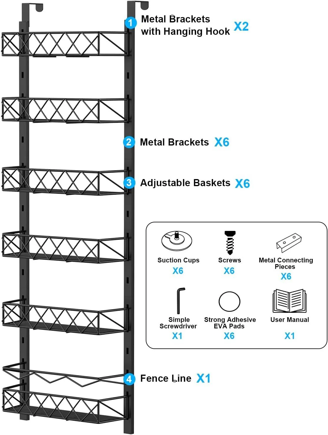 CARLA HOME 6 Tier Adjustable Baskets Over Door Pantry Organiser for Home Kitchen - Image 6