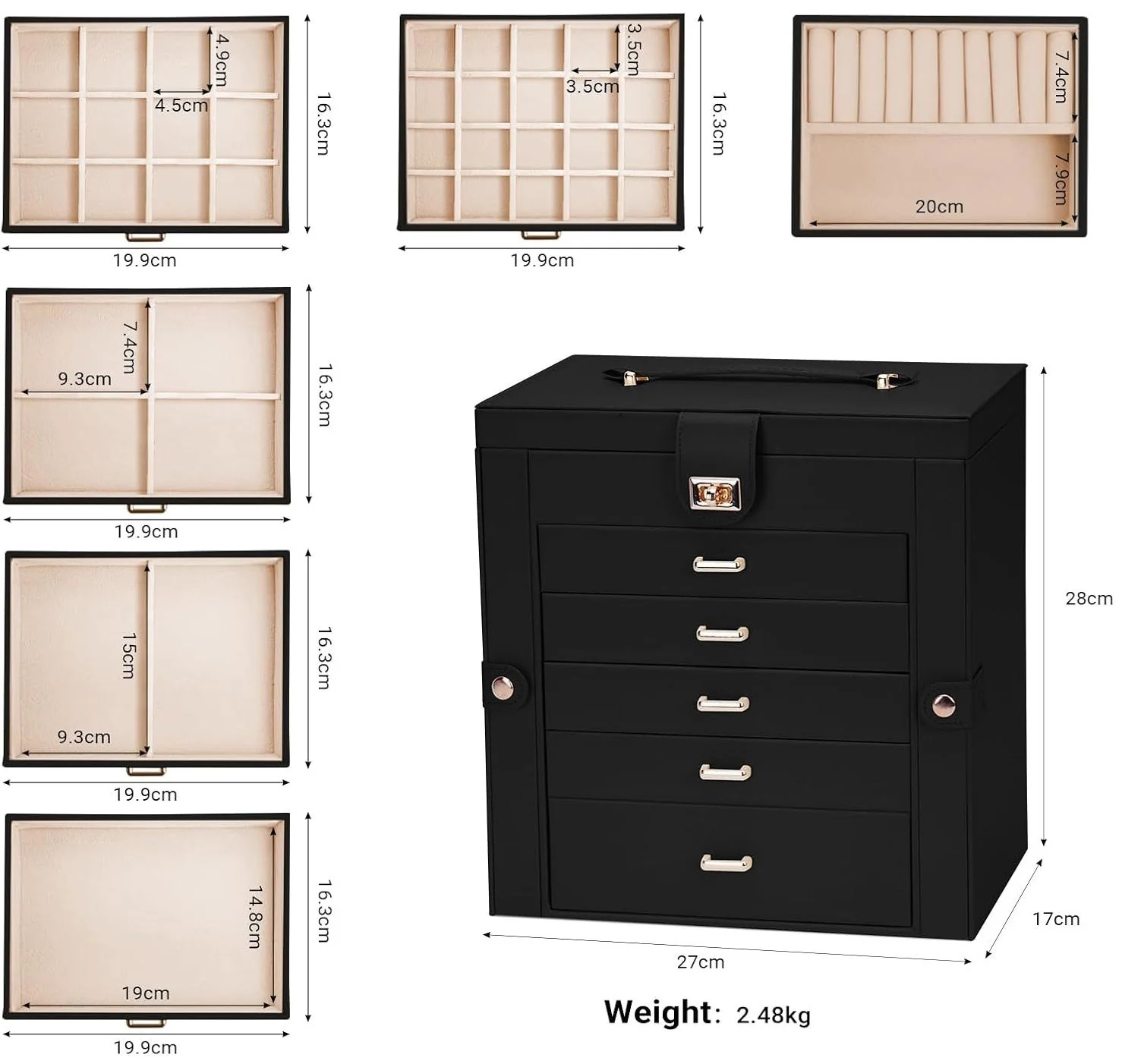 CARLA HOME 6-Layer Large Jewelry Box for Women with Drawers, Mirror, Lock, Necklace Hooks & Side Compartments for Rings, Earrings, Bracelets, Gifts (Black) - Image 2