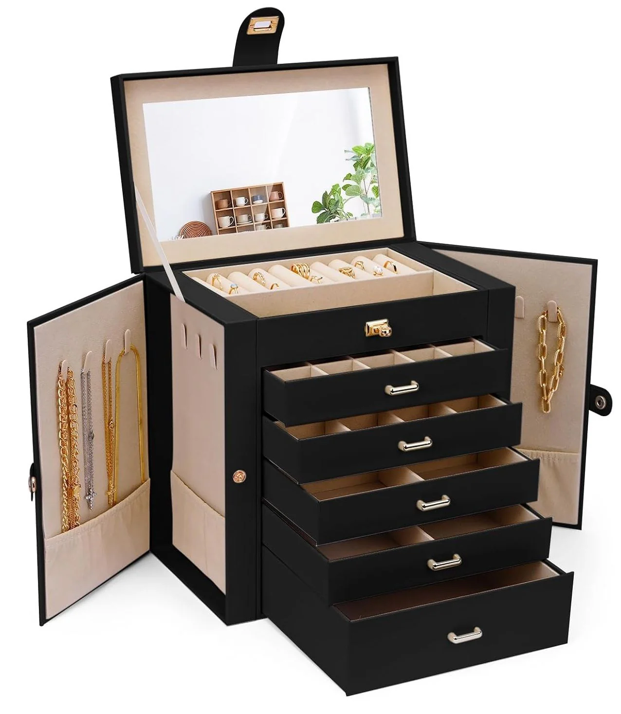 CARLA HOME 6-Layer Large Jewelry Box for Women with Drawers, Mirror, Lock, Necklace Hooks & Side Compartments for Rings, Earrings, Bracelets, Gifts (Black) - Image 8