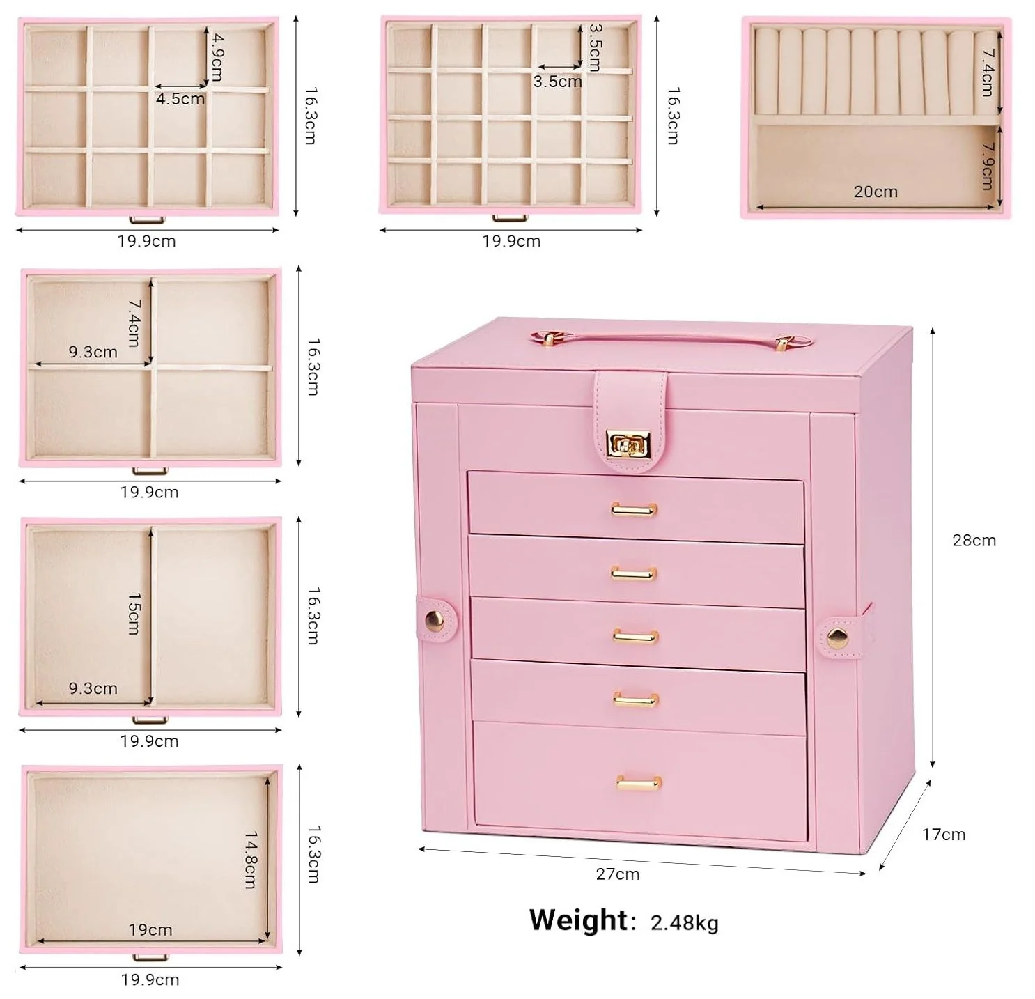 CARLA HOME 6-Layer Large Jewelry Box for Women with Drawers, Mirror, Lock, Necklace Hooks & Side Compartments for Rings, Earrings, Bracelets, Gifts (Pink) - Image 2