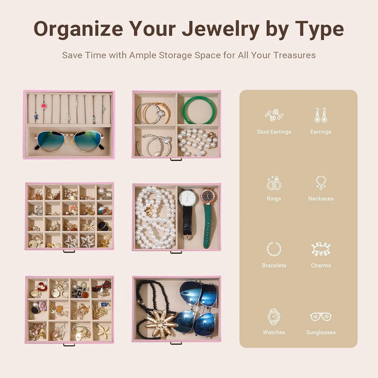 CARLA HOME 6-Layer Large Jewelry Box for Women with Drawers, Mirror, Lock, Necklace Hooks & Side Compartments for Rings, Earrings, Bracelets, Gifts (Pink) - Image 3