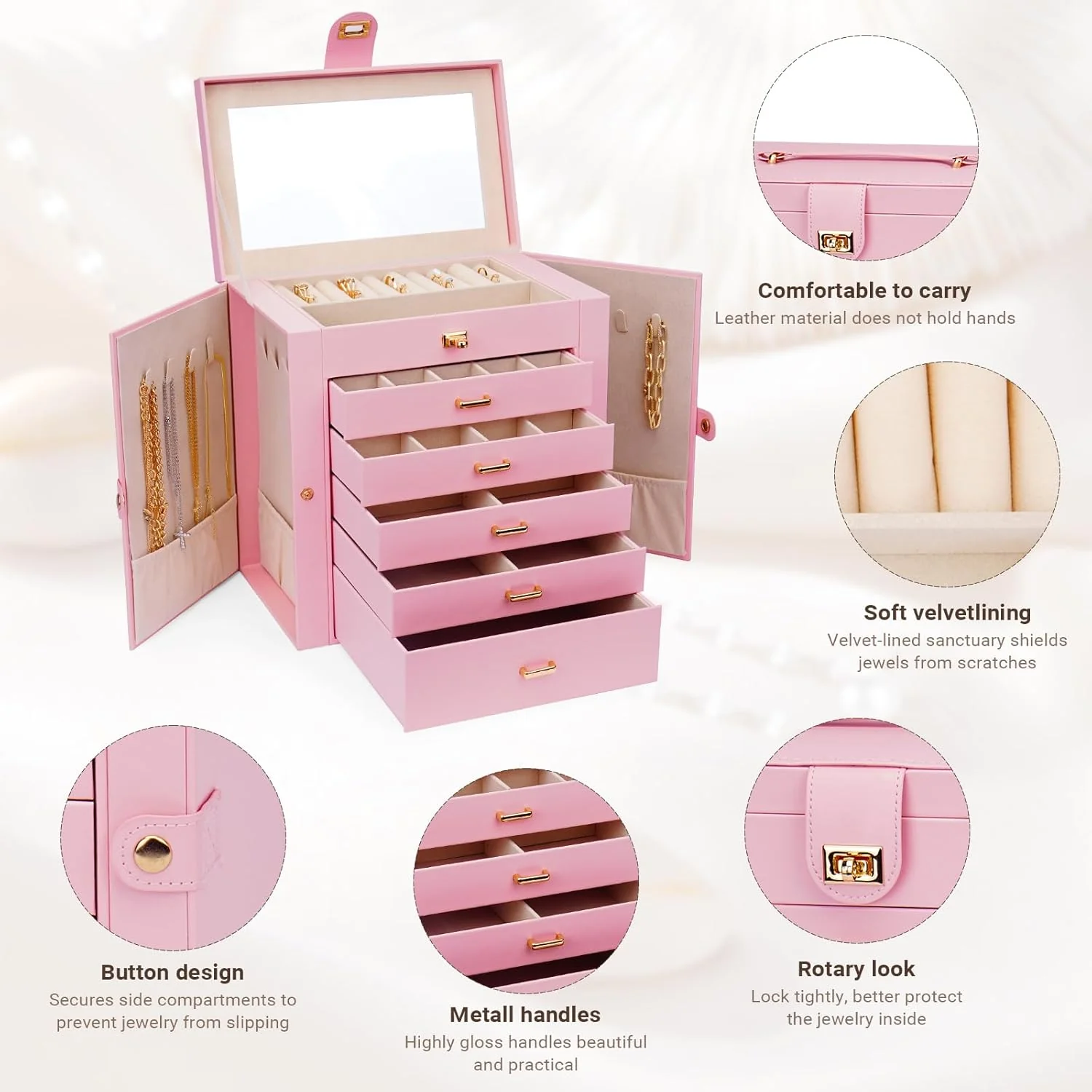 CARLA HOME 6-Layer Large Jewelry Box for Women with Drawers, Mirror, Lock, Necklace Hooks & Side Compartments for Rings, Earrings, Bracelets, Gifts (Pink) - Image 4