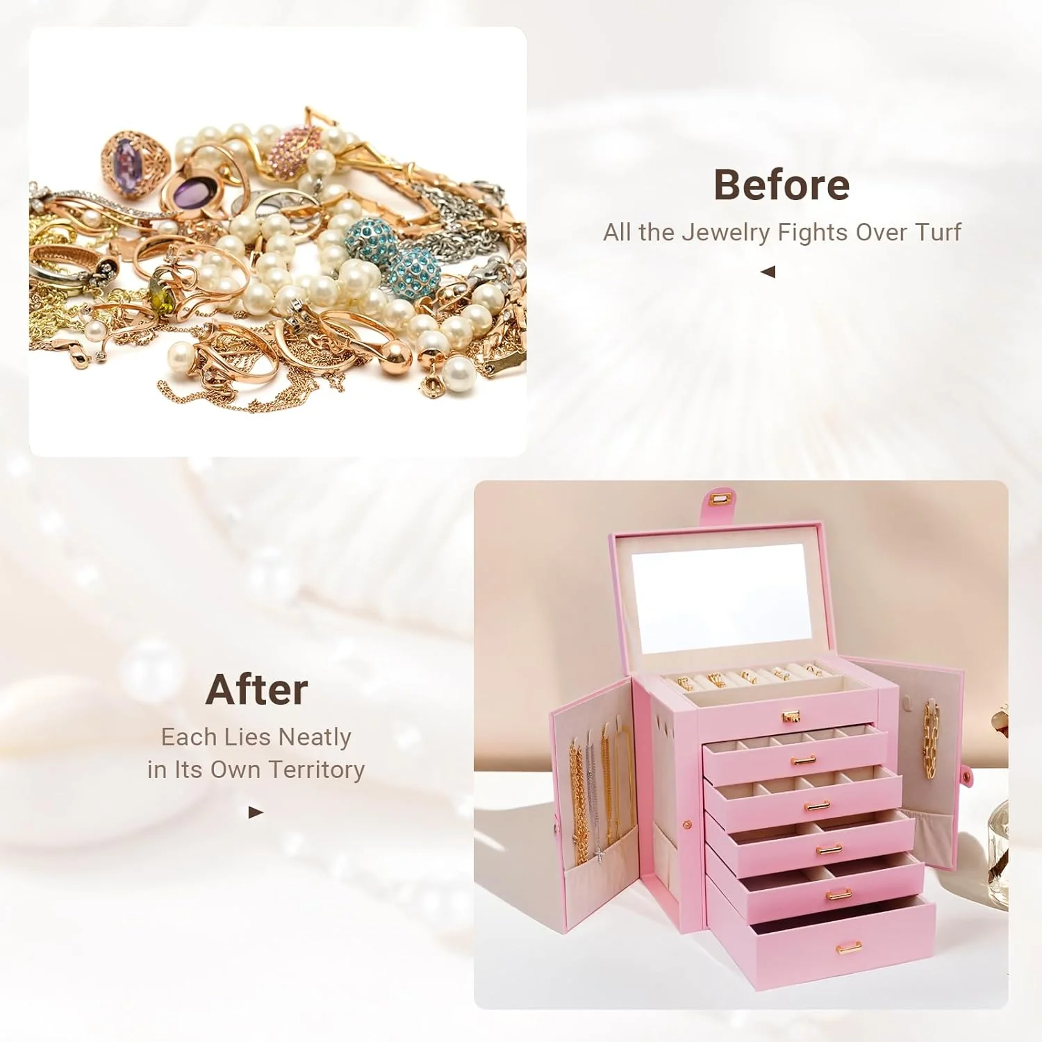 CARLA HOME 6-Layer Large Jewelry Box for Women with Drawers, Mirror, Lock, Necklace Hooks & Side Compartments for Rings, Earrings, Bracelets, Gifts (Pink) - Image 5