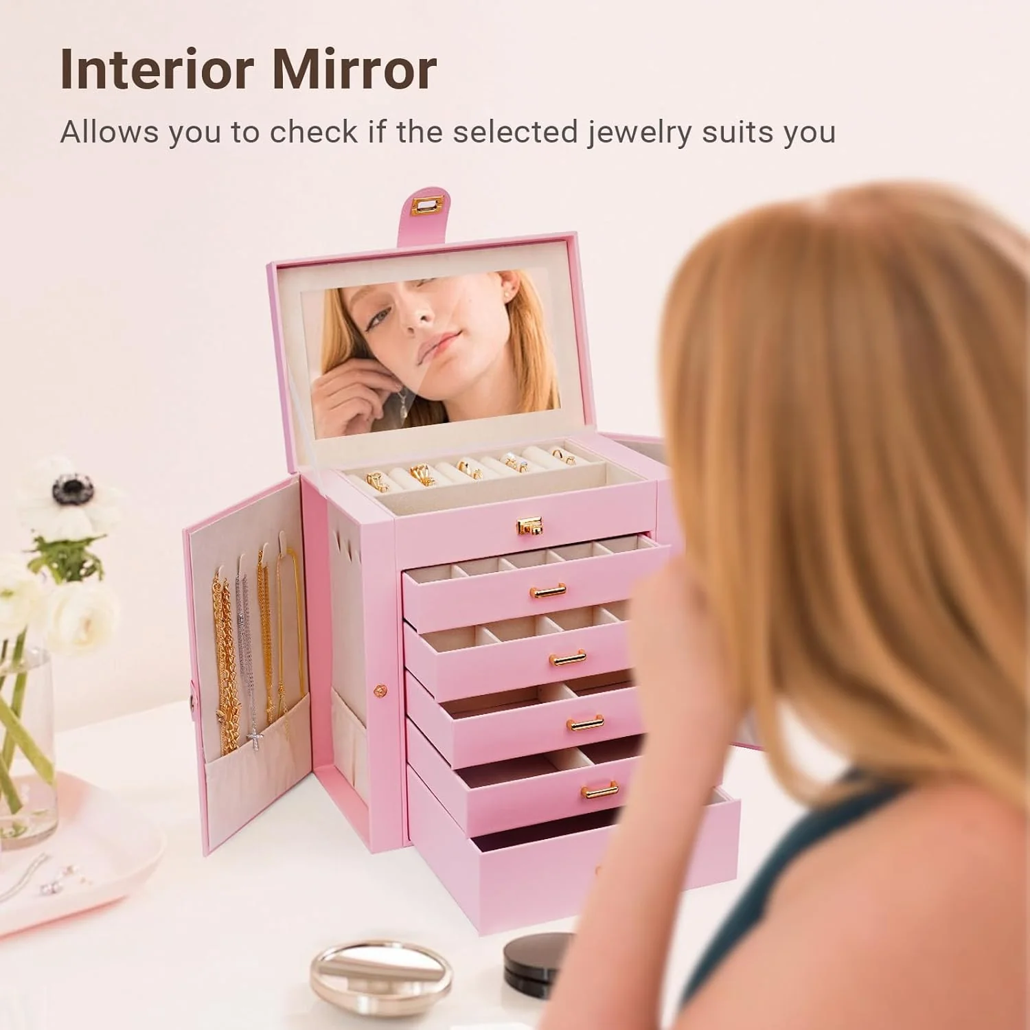 CARLA HOME 6-Layer Large Jewelry Box for Women with Drawers, Mirror, Lock, Necklace Hooks & Side Compartments for Rings, Earrings, Bracelets, Gifts (Pink) - Image 6