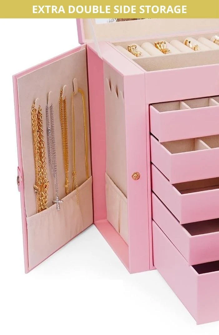 CARLA HOME 6-Layer Large Jewelry Box for Women with Drawers, Mirror, Lock, Necklace Hooks & Side Compartments for Rings, Earrings, Bracelets, Gifts (Pink) - Image 7