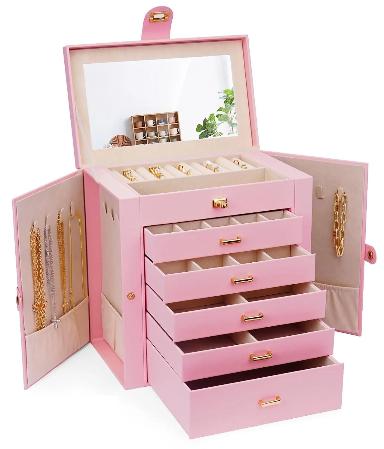 CARLA HOME 6-Layer Large Jewelry Box for Women with Drawers, Mirror, Lock, Necklace Hooks & Side Compartments for Rings, Earrings, Bracelets, Gifts (Pink) - Image 8