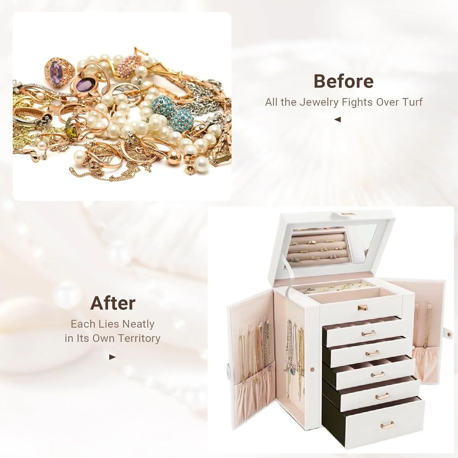 CARLA HOME 6-Layer Large Jewelry Box for Women with Drawers, Mirror, Lock, Necklace Hooks & Side Compartments for Rings, Earrings, Bracelets, Gifts (White) - Image 6