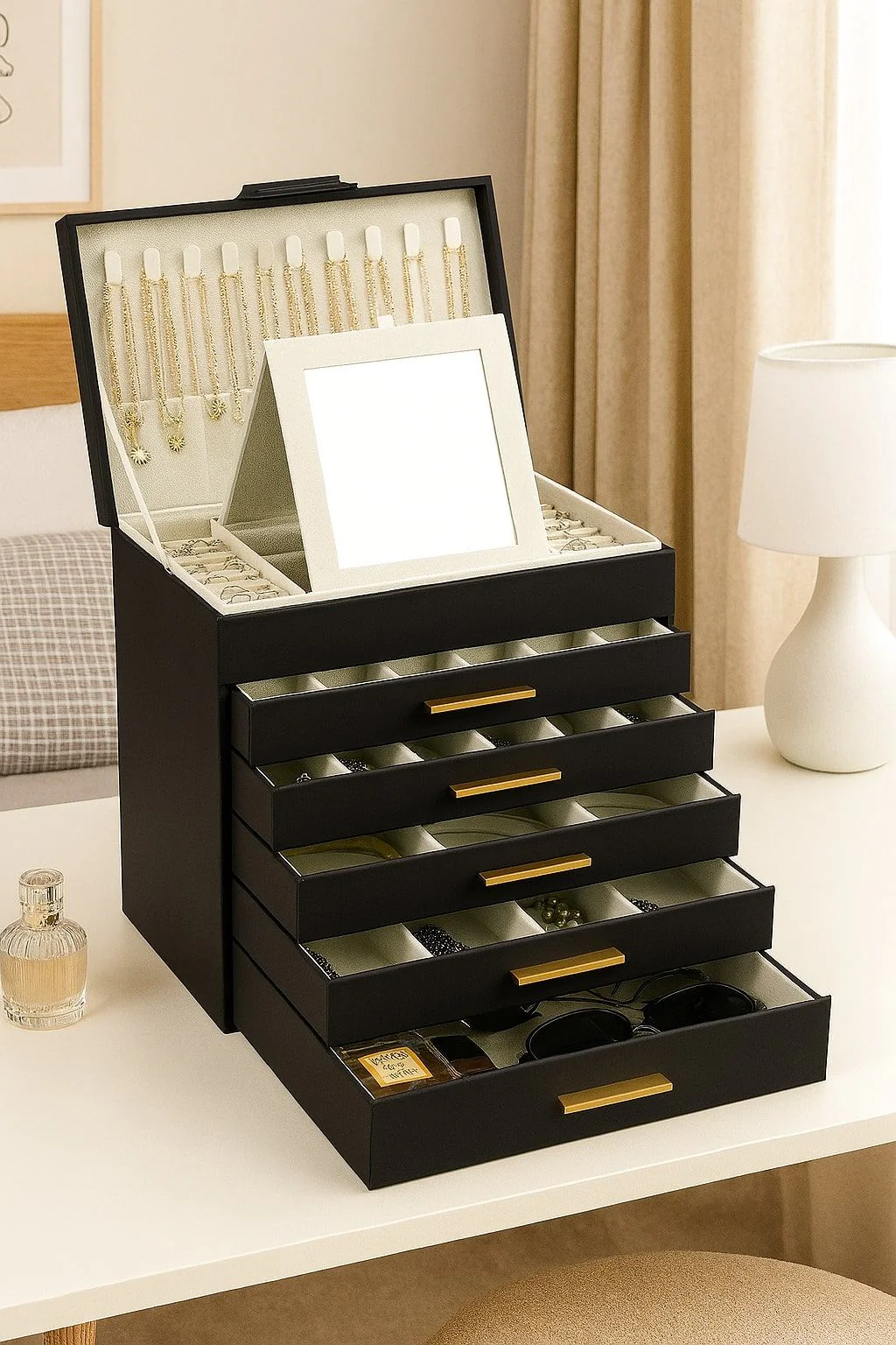 CARLA HOME  6-Layer Large Jewelry Organiser Box for Women with Mirror, Drawers, Hooks & Dividers for Rings, Necklaces, Bracelets, Ideal Gift for Women (Black)