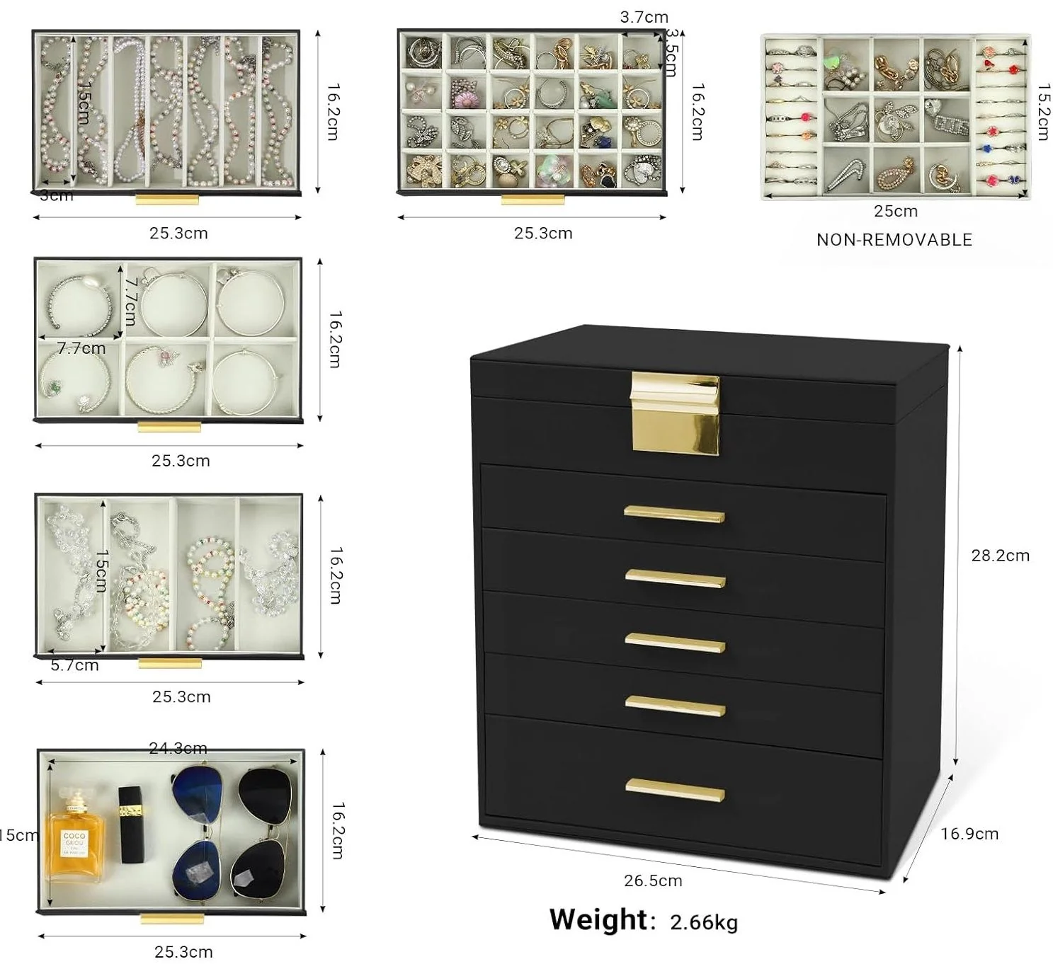 CARLA HOME  6-Layer Large Jewelry Organiser Box for Women with Mirror, Drawers, Hooks & Dividers for Rings, Necklaces, Bracelets, Ideal Gift for Women (Black) - Image 2