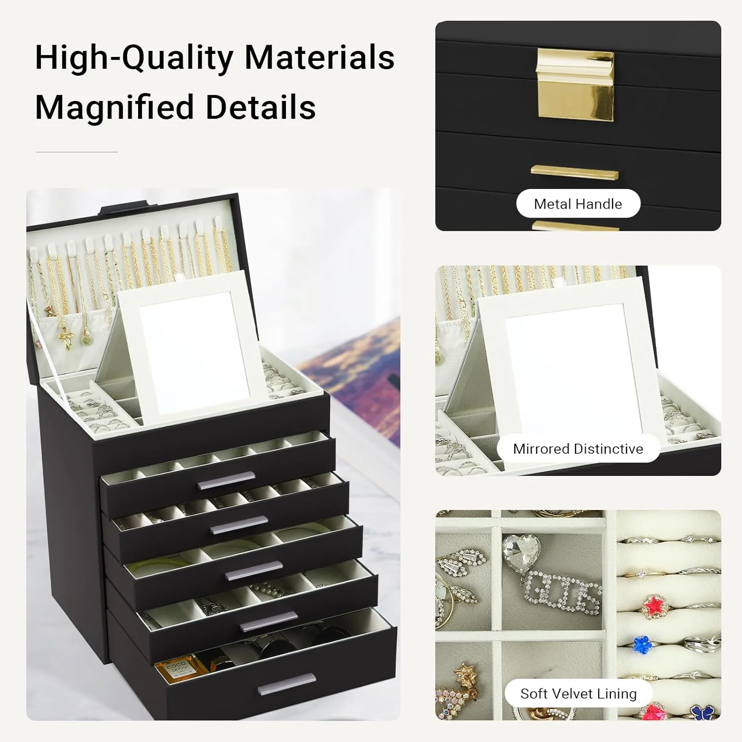 CARLA HOME  6-Layer Large Jewelry Organiser Box for Women with Mirror, Drawers, Hooks & Dividers for Rings, Necklaces, Bracelets, Ideal Gift for Women (Black) - Image 3