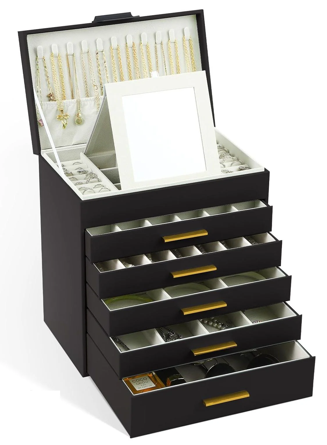 CARLA HOME  6-Layer Large Jewelry Organiser Box for Women with Mirror, Drawers, Hooks & Dividers for Rings, Necklaces, Bracelets, Ideal Gift for Women (Black) - Image 7