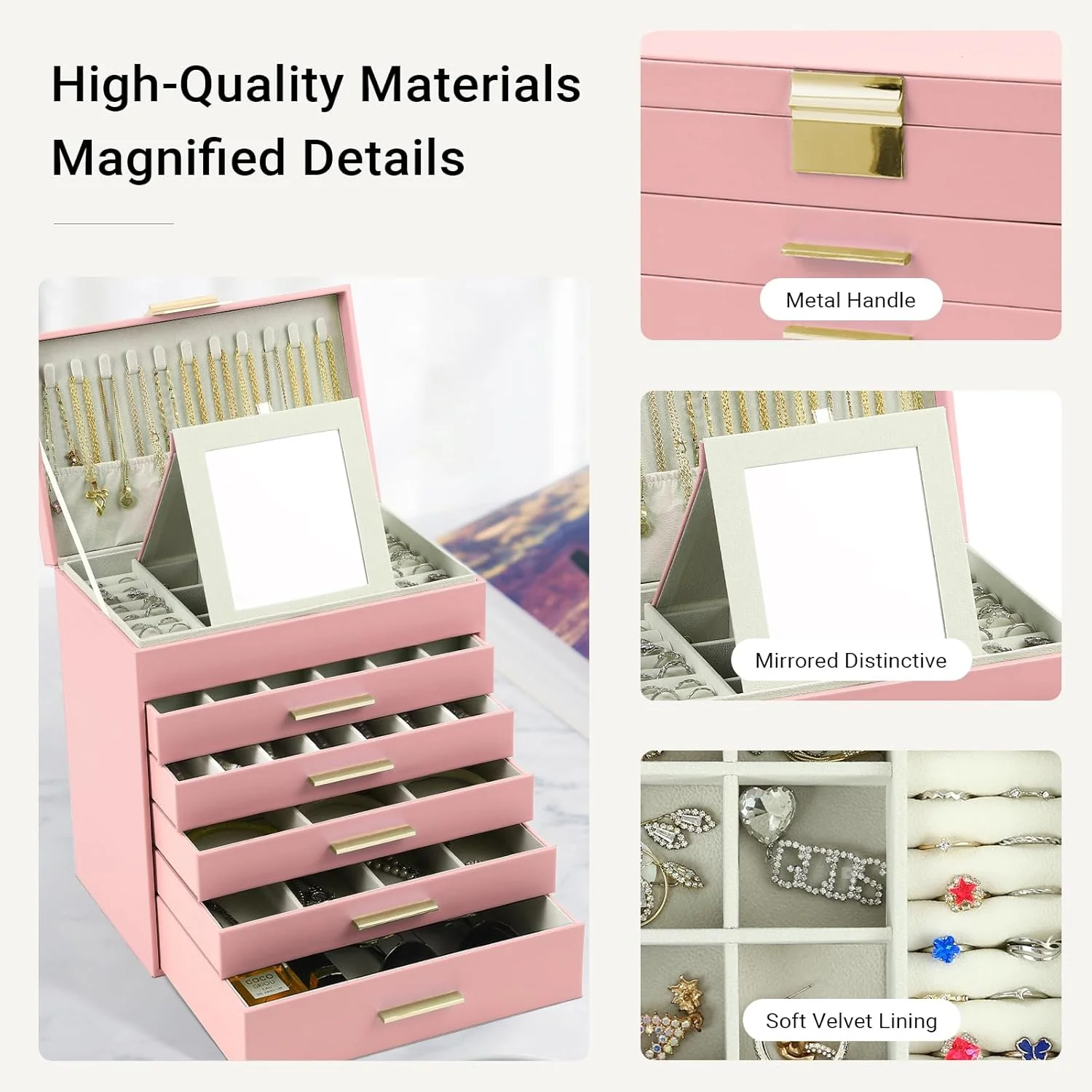 CARLA HOME 6-Layer Large Jewelry Organiser Box for Women with Mirror, Drawers, Hooks & Dividers for Rings, Necklaces, Bracelets, Ideal Gift for Women (Pink) - Image 3