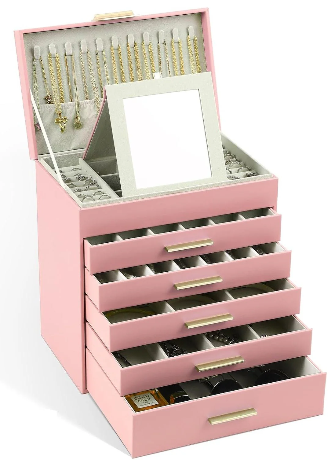 CARLA HOME 6-Layer Large Jewelry Organiser Box for Women with Mirror, Drawers, Hooks & Dividers for Rings, Necklaces, Bracelets, Ideal Gift for Women (Pink) - Image 7
