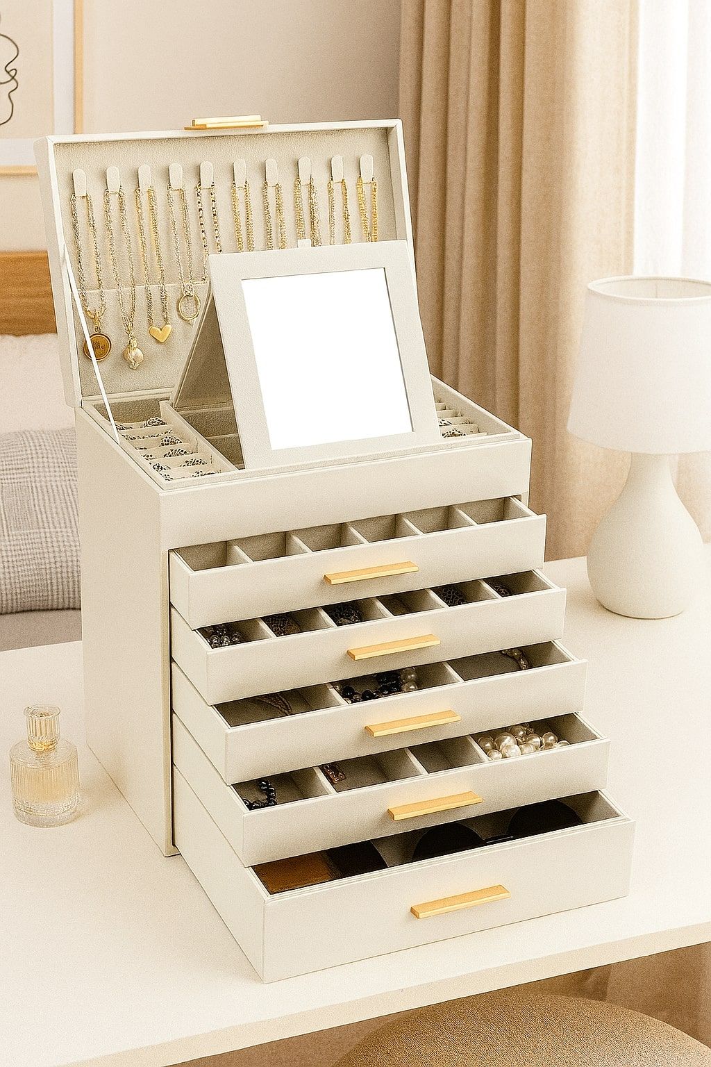 CARLA HOME 6-Layer Large Jewelry Organiser Box for Women with Mirror, Drawers, Hooks & Dividers for Rings, Necklaces, Bracelets, Ideal Gift for Women (White)
