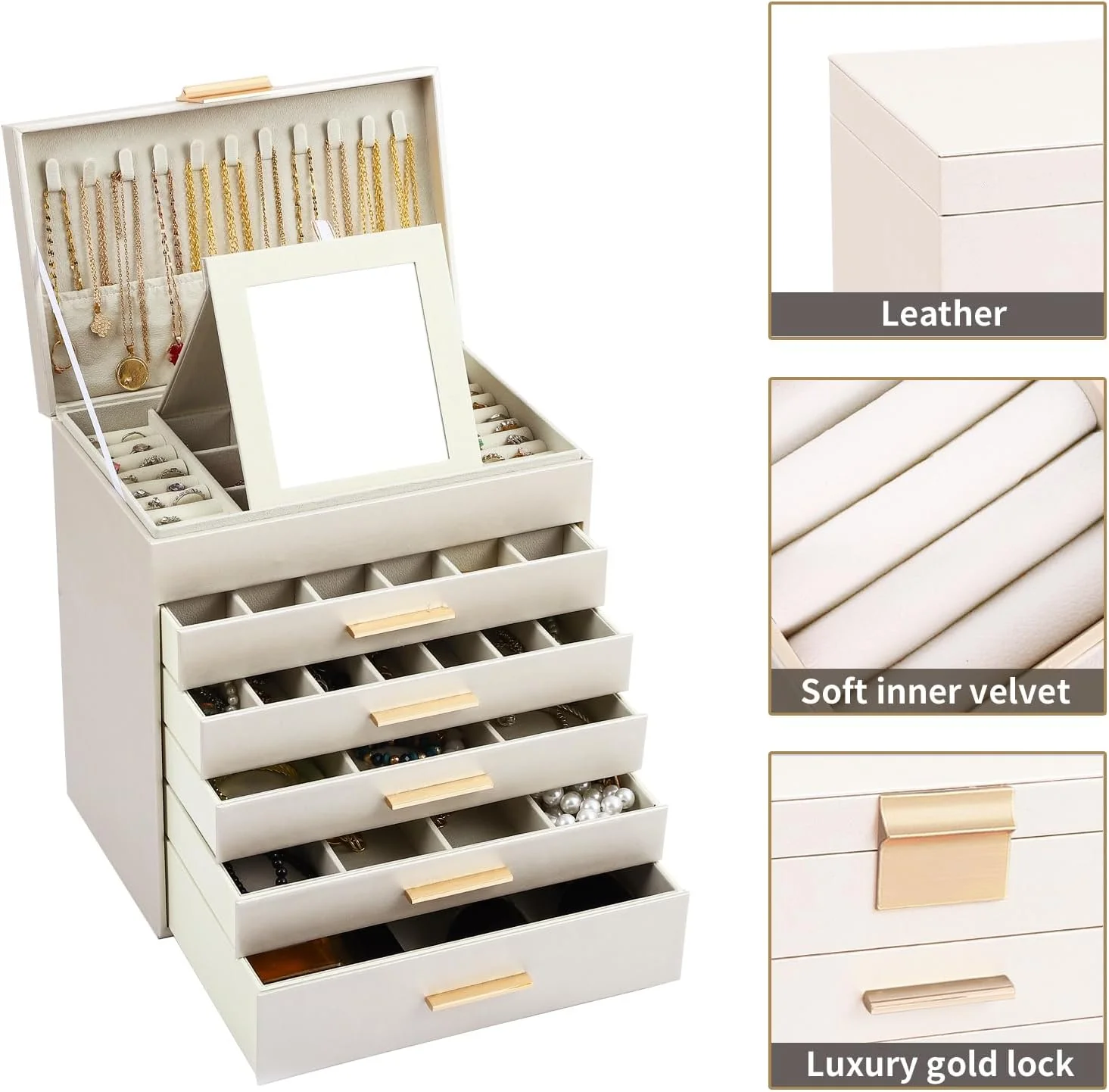 CARLA HOME 6-Layer Large Jewelry Organiser Box for Women with Mirror, Drawers, Hooks & Dividers for Rings, Necklaces, Bracelets, Ideal Gift for Women (White) - Image 3