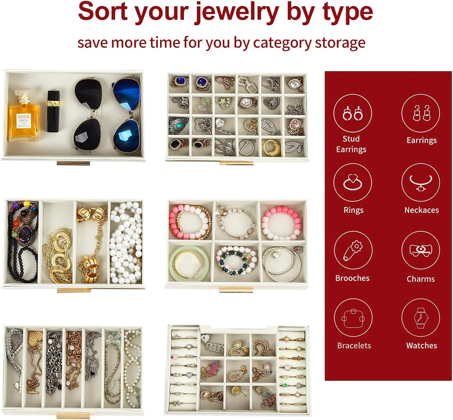 CARLA HOME 6-Layer Large Jewelry Organiser Box for Women with Mirror, Drawers, Hooks & Dividers for Rings, Necklaces, Bracelets, Ideal Gift for Women (White) - Image 4