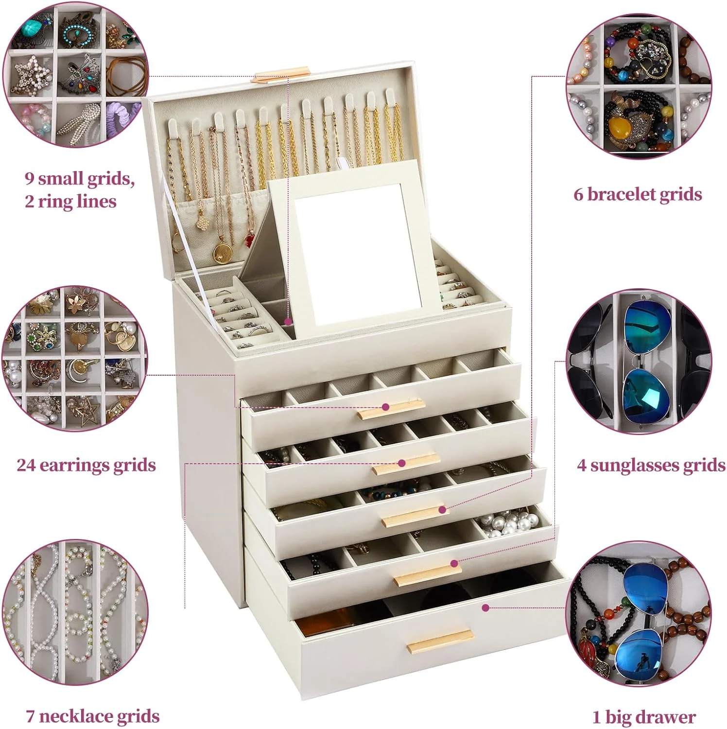 CARLA HOME 6-Layer Large Jewelry Organiser Box for Women with Mirror, Drawers, Hooks & Dividers for Rings, Necklaces, Bracelets, Ideal Gift for Women (White) - Image 5