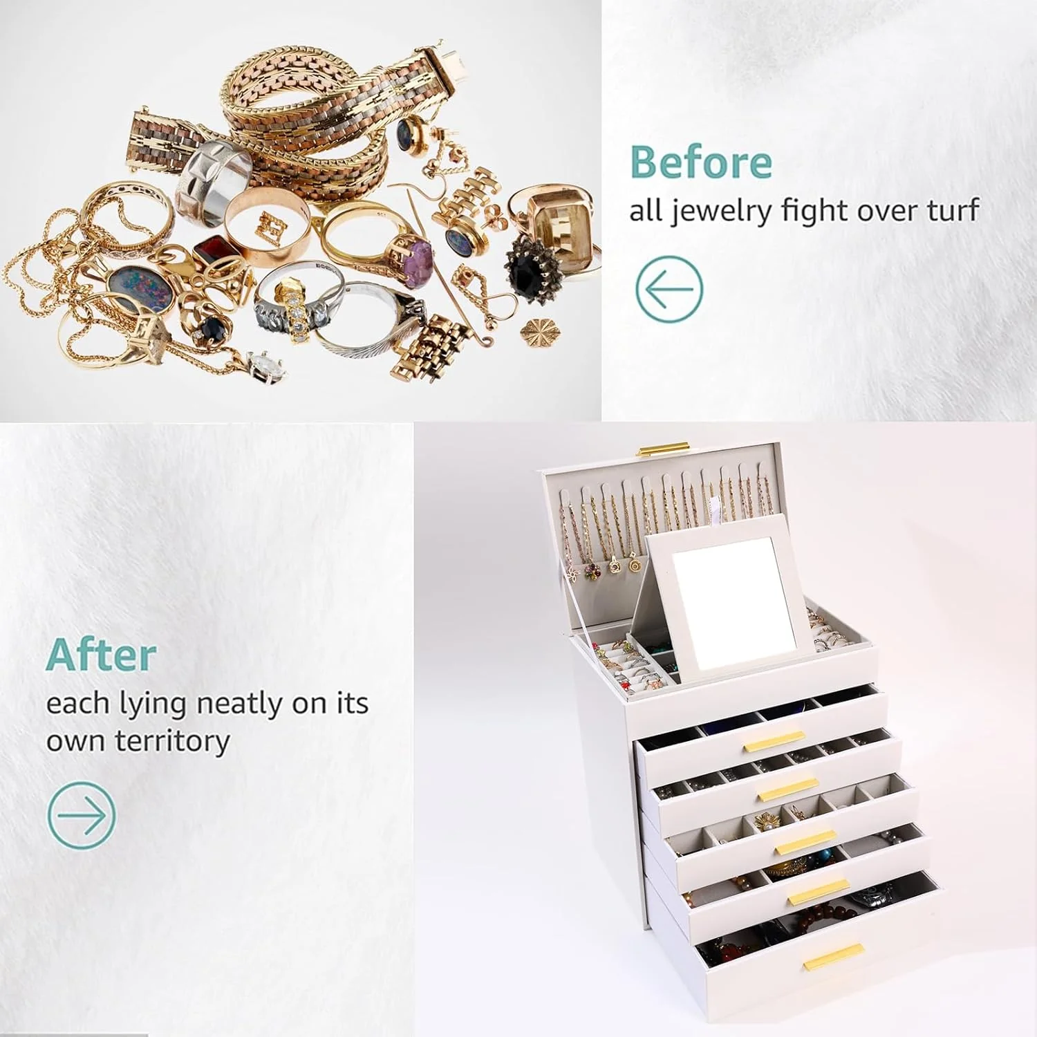 CARLA HOME 6-Layer Large Jewelry Organiser Box for Women with Mirror, Drawers, Hooks & Dividers for Rings, Necklaces, Bracelets, Ideal Gift for Women (White) - Image 6