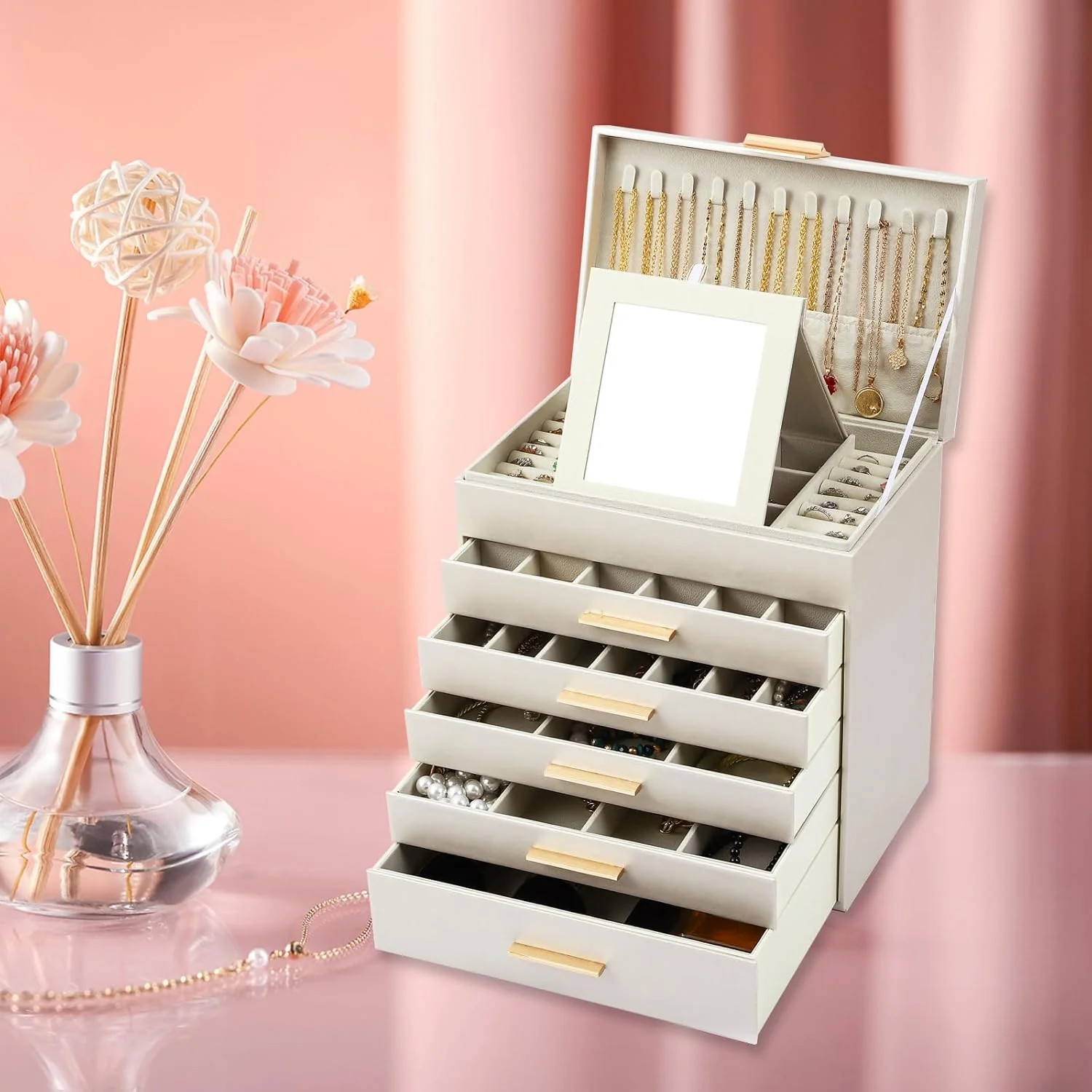 CARLA HOME 6-Layer Large Jewelry Organiser Box for Women with Mirror, Drawers, Hooks & Dividers for Rings, Necklaces, Bracelets, Ideal Gift for Women (White) - Image 7