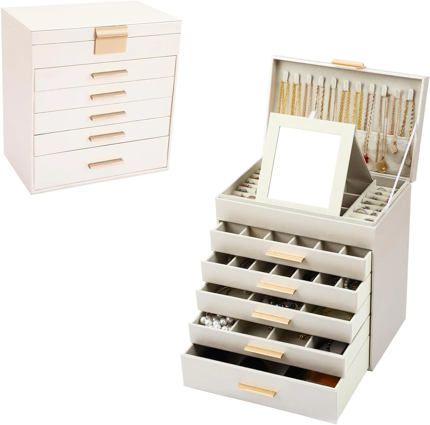 CARLA HOME 6-Layer Large Jewelry Organiser Box for Women with Mirror, Drawers, Hooks & Dividers for Rings, Necklaces, Bracelets, Ideal Gift for Women (White) - Image 8