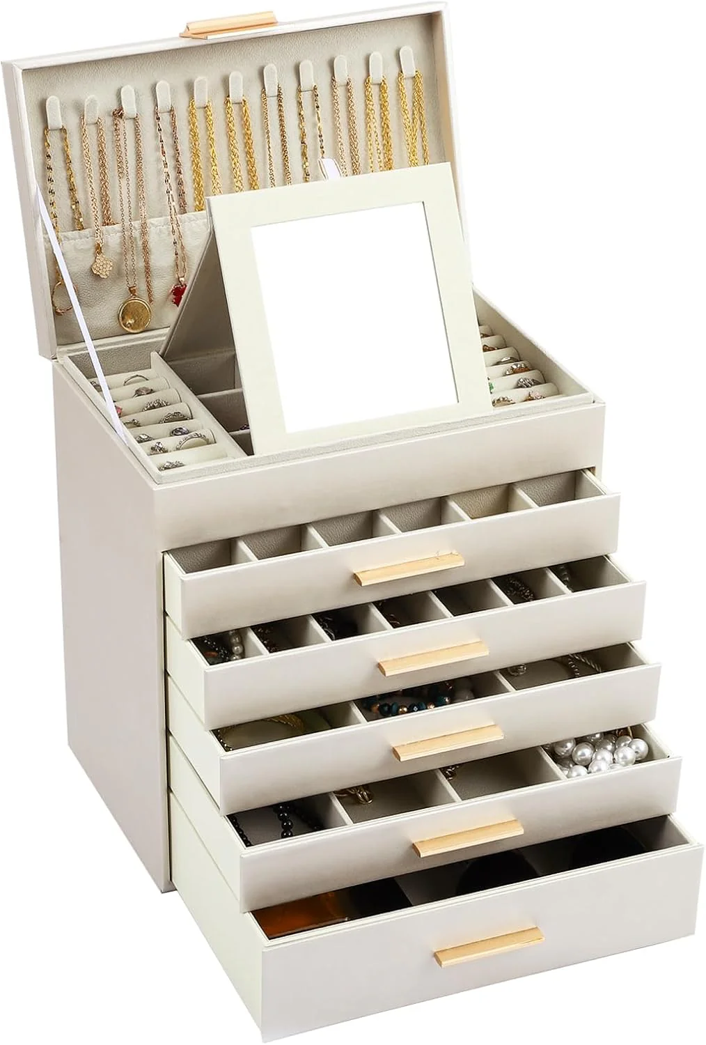 CARLA HOME 6-Layer Large Jewelry Organiser Box for Women with Mirror, Drawers, Hooks & Dividers for Rings, Necklaces, Bracelets, Ideal Gift for Women (White) - Image 9