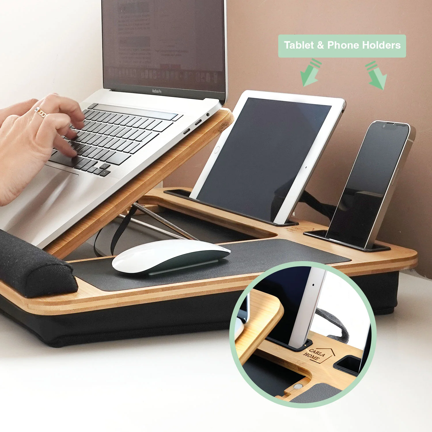 CARLA HOME Bamboo Laptop Lap Desk with Cushion, Angle Adjustable and Sleeve Case Bag for Office and Home - Image 5