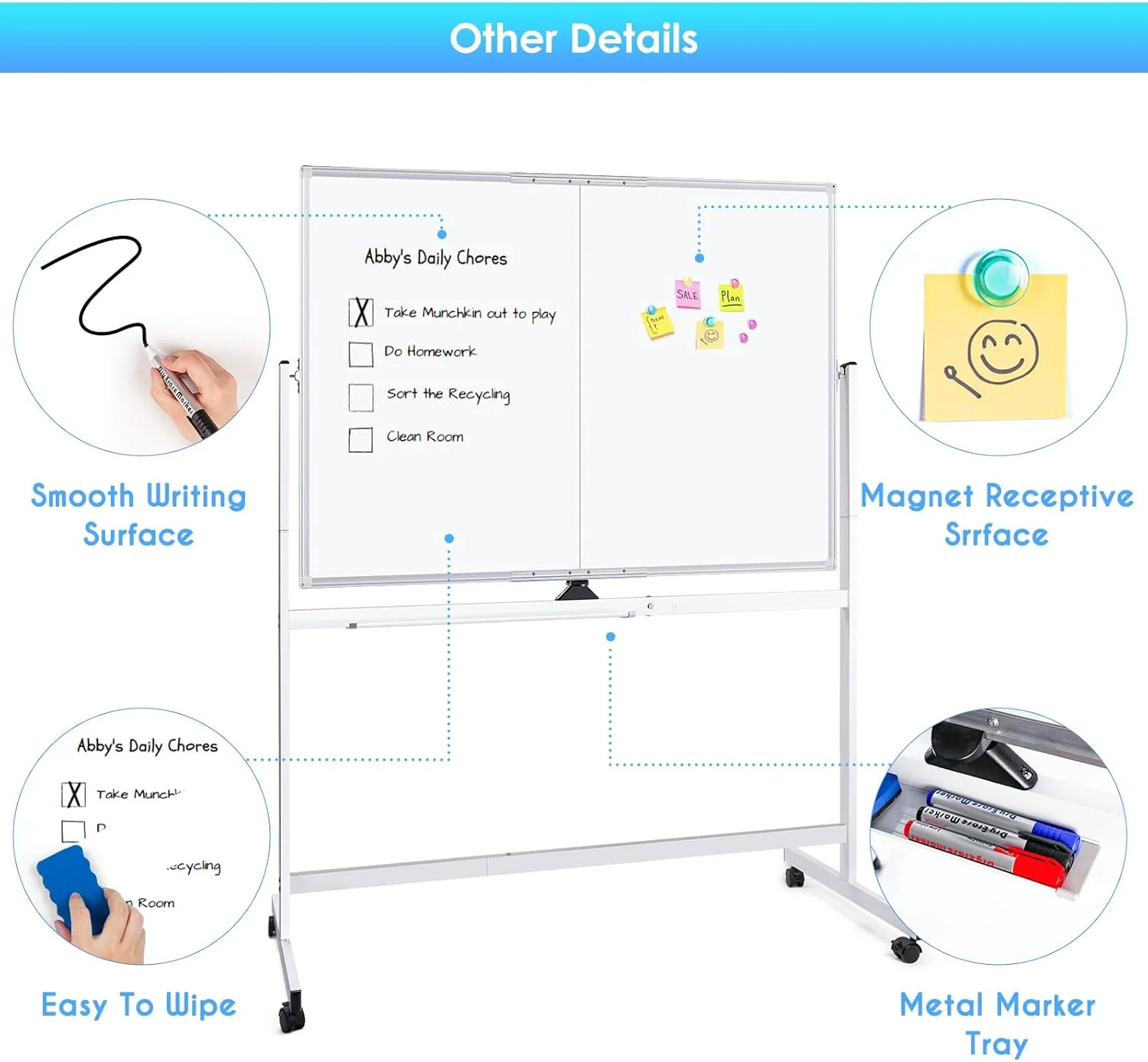 CARLA HOME Double-Sided Magnetic Whiteboard 120x90cm with Wheels, Reversible Design for School, Office & Home - Image 9