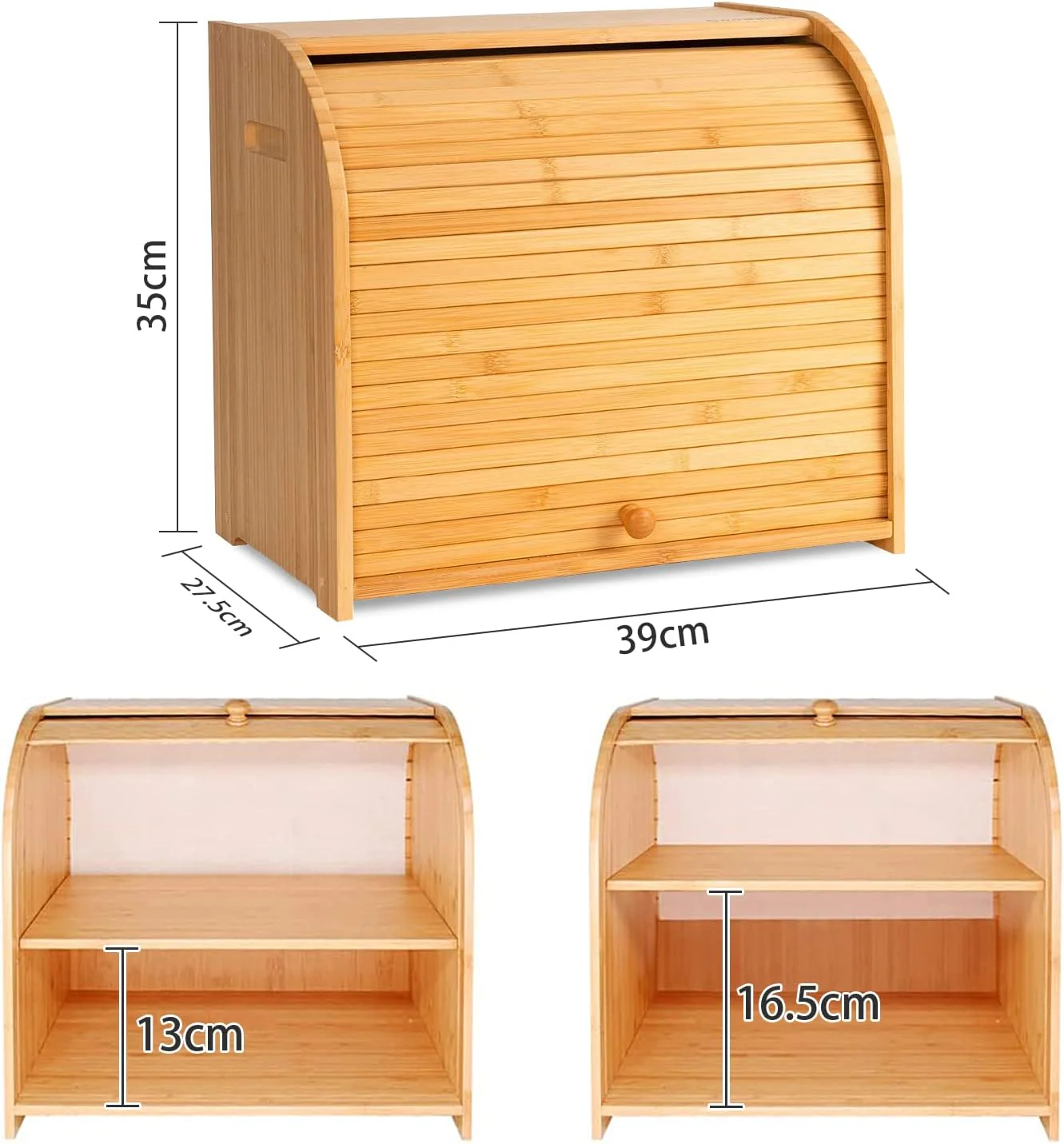 CARLA HOME Large Bamboo Bread Box Storage Organiser with Roll Top for Kitchen Counter
